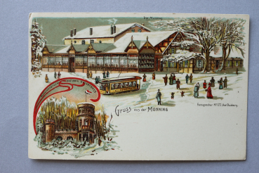 Ansichtskarte Winter Litho AK Duisburg Gruß aus der Monning 1900 Restaurant Turm Straßenbahn Architektur Ortsansicht NRW